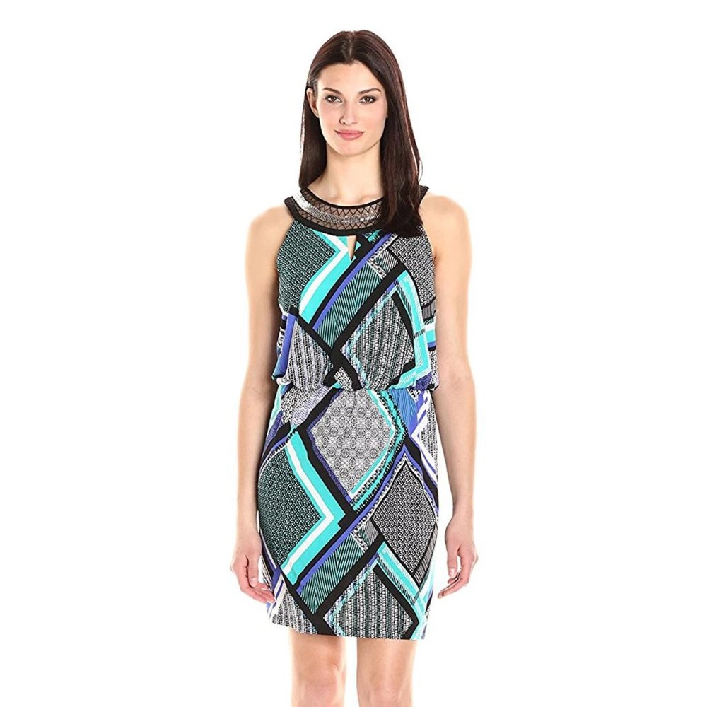 Sandra Darren black-blue-turquoise halter midi dress 24W